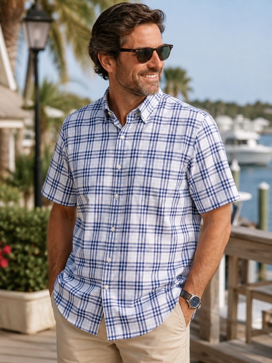 Lands' End Other - Lands End Mens 2XLT Blue Plaid No Iron Twill Short Sleeve Button Shirt Tall